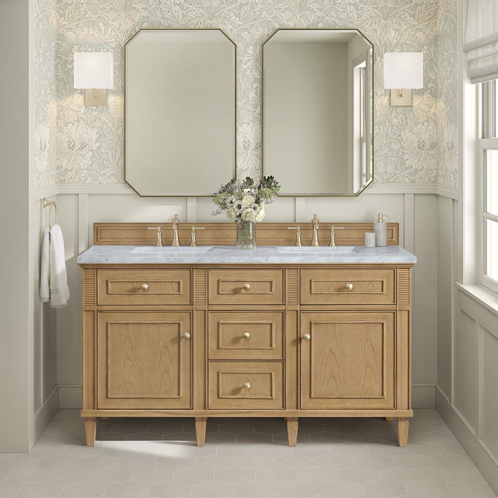 James Martin Vanities Lorelai 60&quot; Double Vanity in Light Natural Oak with 3 cm Carrara White Marble Top, , large