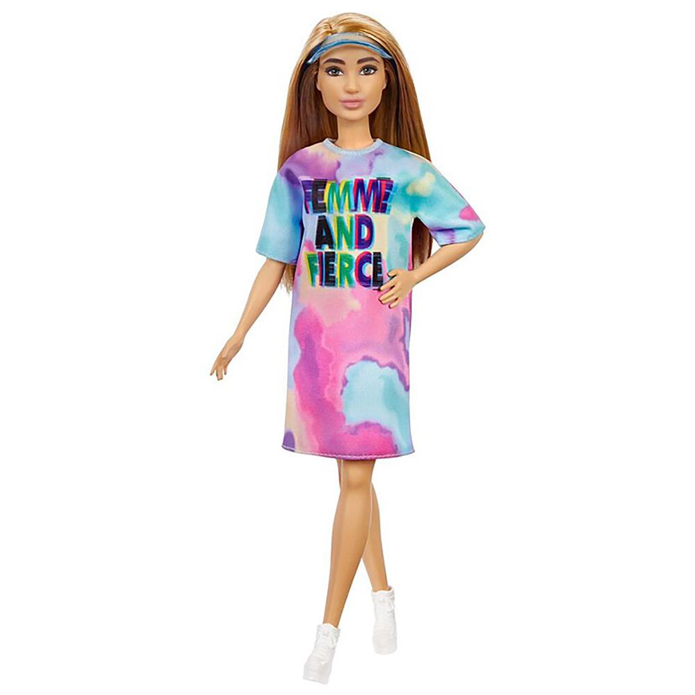 Barbie Fashionistas Doll Petite with Light Brown Hair Wearing Tie-Dye T-Shirt Dress, , large