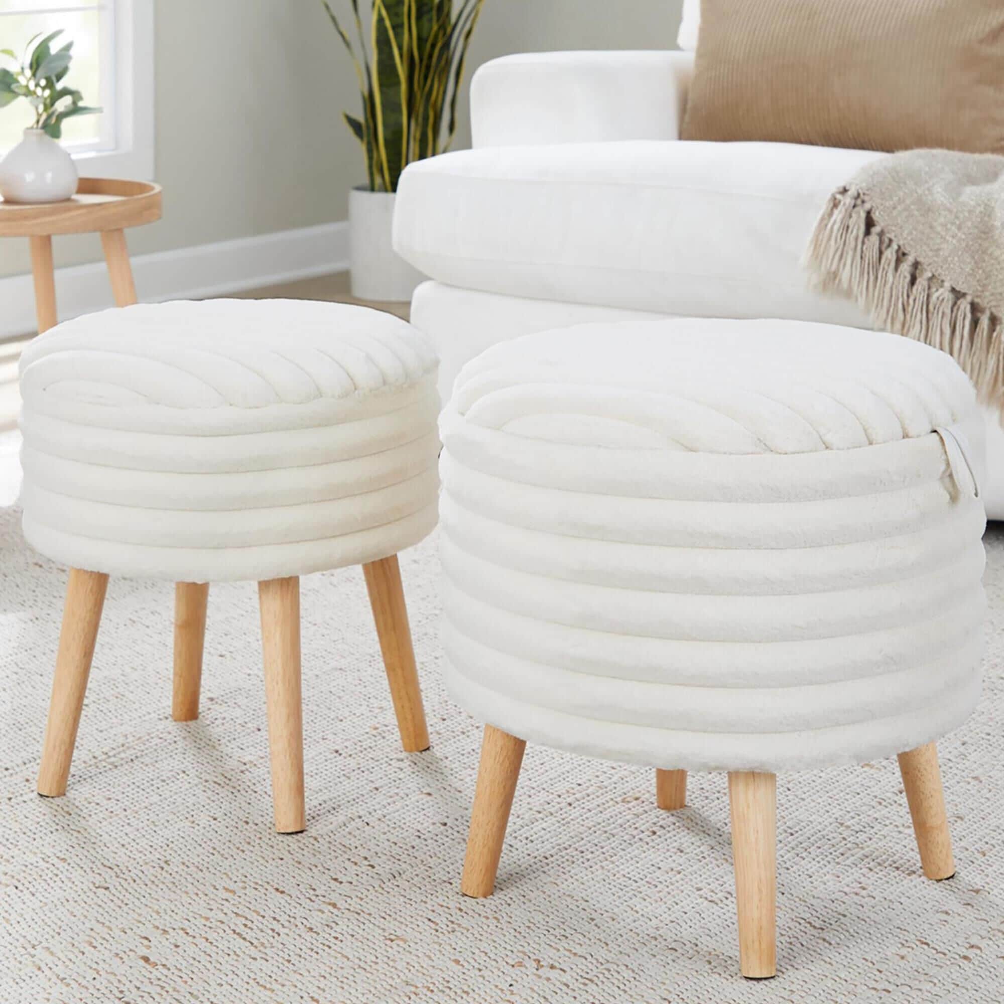 Lumisource Tray Plush 2-Piece Storage Ottoman Set in Cream