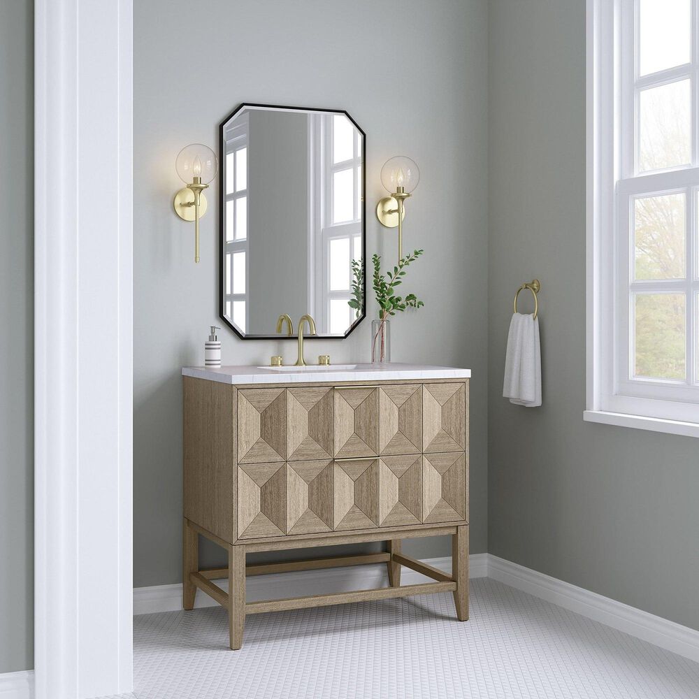 James Martin Vanities Emmeline 36&quot; Single Bathroom Vanity in Pebble Oak with 3 cm Arctic Fall Solid Surface Top and Rectangular Sink, , large