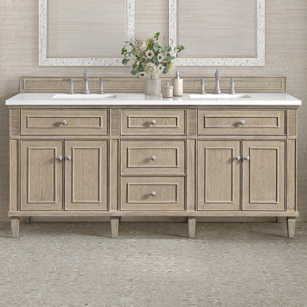 James Martin Vanities Lorelai 72&quot; Double Vanity in Whitewashed Oak with 3 cm White Zeus Quartz Top, , large