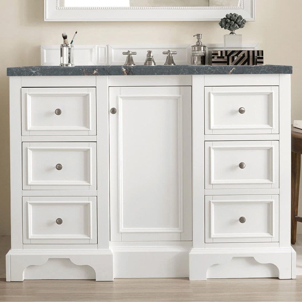 James Martin Vanities De Soto 48" Single Bathroom Vanity in Bright White with 3 cm Parisien Bleu Quartz Top and Rectangular Sink, , large
