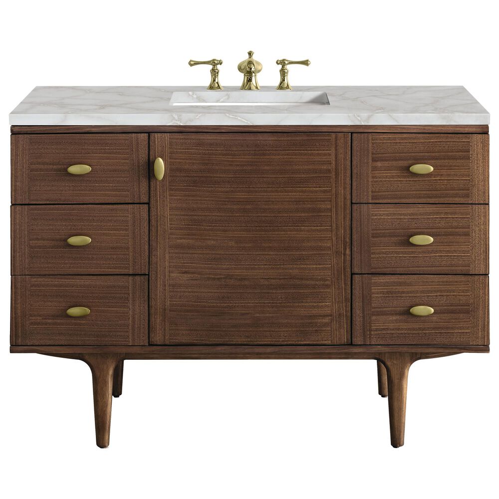 James Martin Vanities Amberly 48" Single Bathroom Vanity in Mid-Century Walnut with 3 cm Eternal Jasmine Pearl Silestone Top, Rectangular Sink and FreePower Wireless Charger, , large