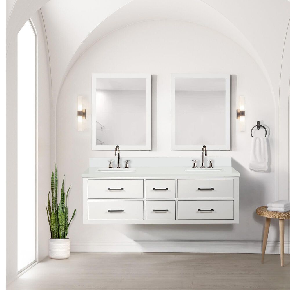 Lexora Home Castor 60&quot; Double Bathroom Vanity in White with White Cultured Marble Top, Rectangular Sinks and 28&quot; Mirrors, , large