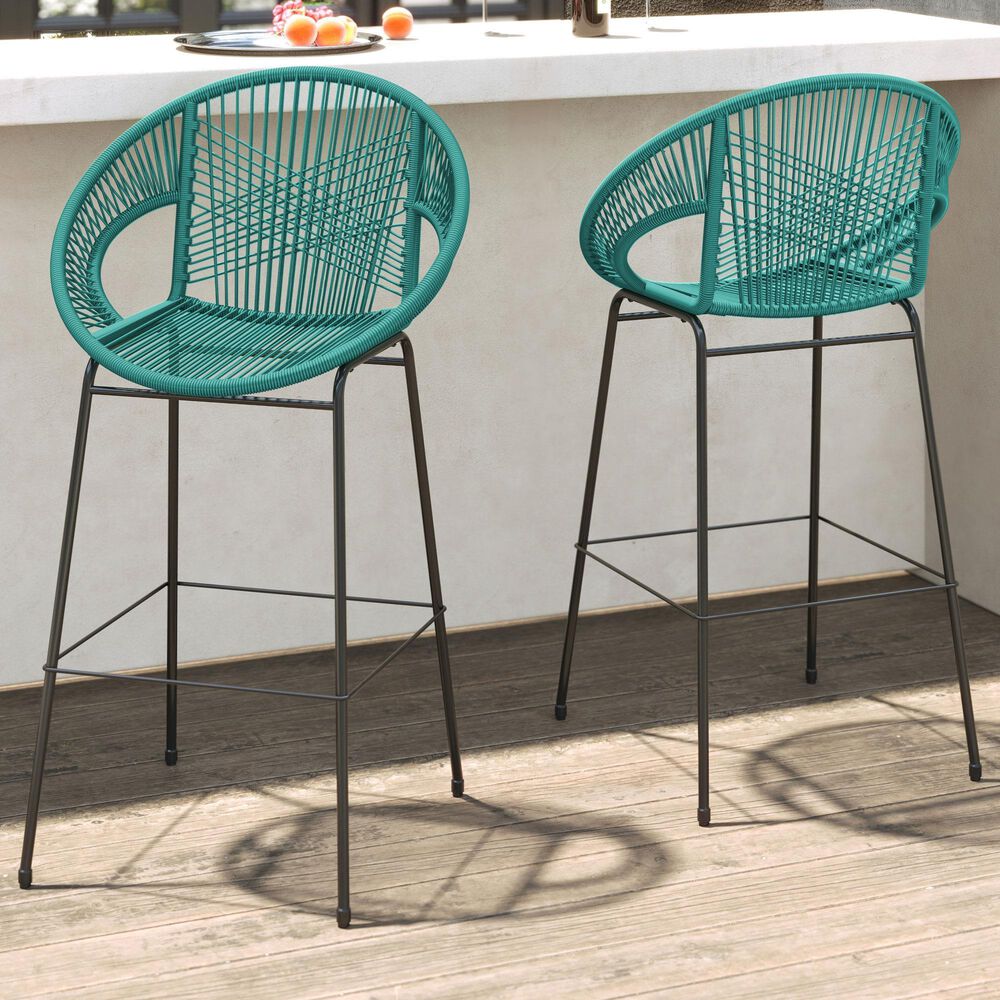 Hearth and Haven Ferrara Outdoor Faux Wicker Barstool in Teal (Set of 2), , large