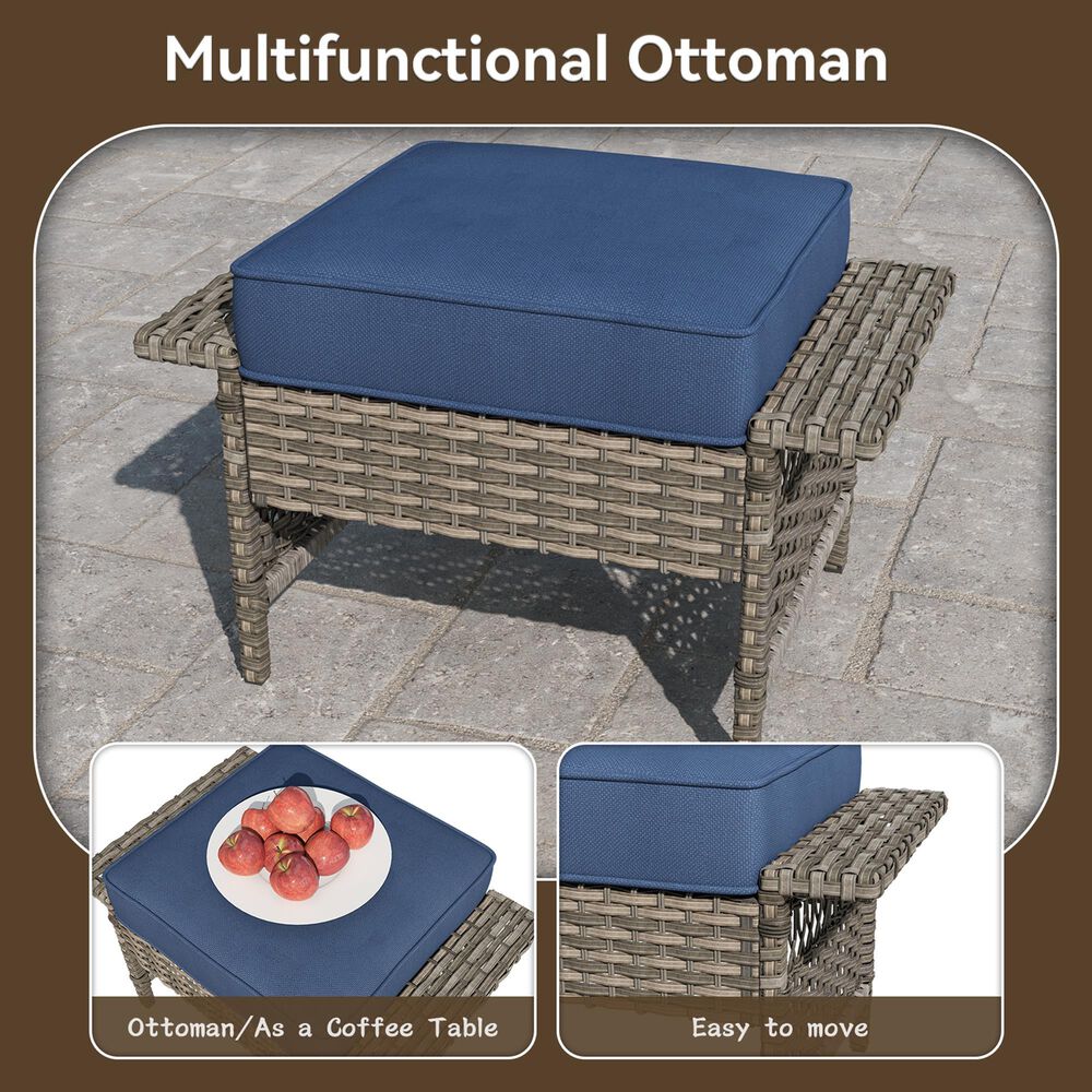 Hearth and Haven Patio Wicker Ottoman with Widened Armrest in Blue (Set of 2), , large