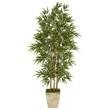 Nearly Natural Inc 65" Bamboo Tree with White Planter in Green, , large