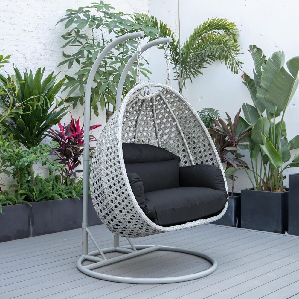 Leisuremod Mendoza Patio 2-Seat Hanging Egg Swing Chair with Dark Grey Cushion in Light Grey, , large