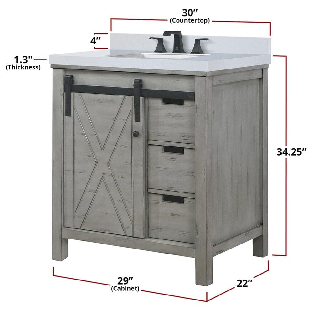 Lexora Home Marsyas 30&quot; Single Bathroom Vanity in Ash Grey with 2 cm White Cultured Marble Top and Rectangular Sink, , large