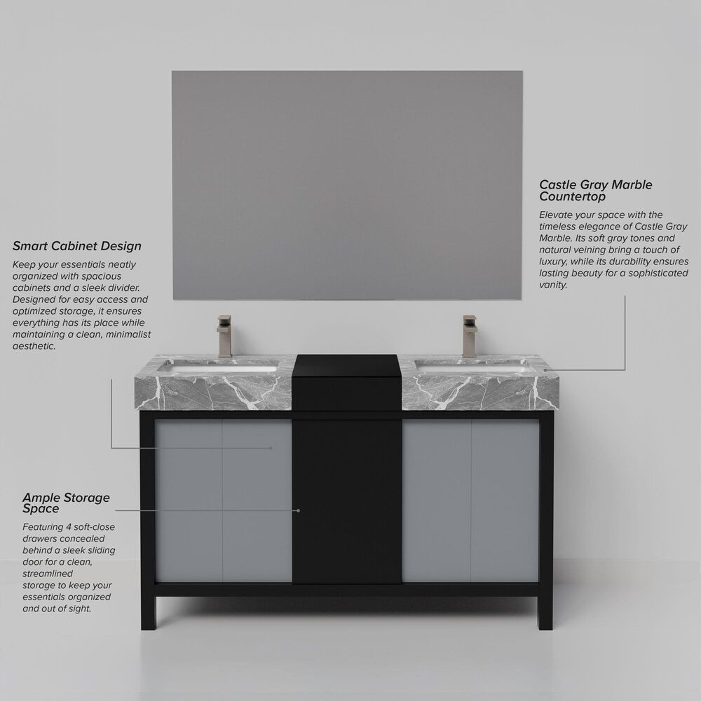 Lexora Home Zilara 55&quot; Double Bathroom Vanity in Black and Grey with 11 cm Castle Grey Marble Top and Rectangular Sinks, , large
