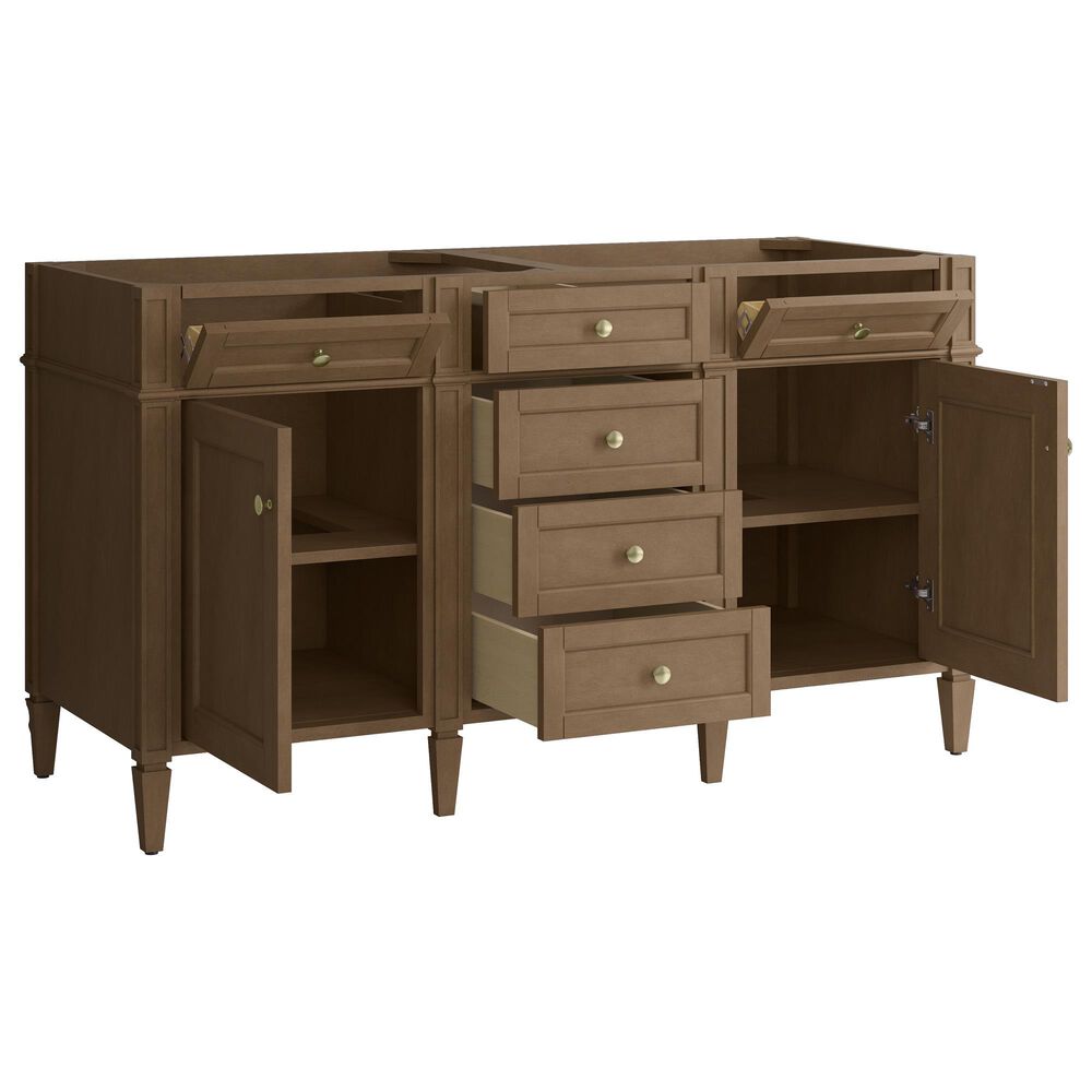 James Martin Brittany 60" Double Bathroom Vanity in Pecan with 3 cm Eternal Jasmine Pearl Silestone Top, Rectangular Sinks and FreePower Wireless Charger, , large