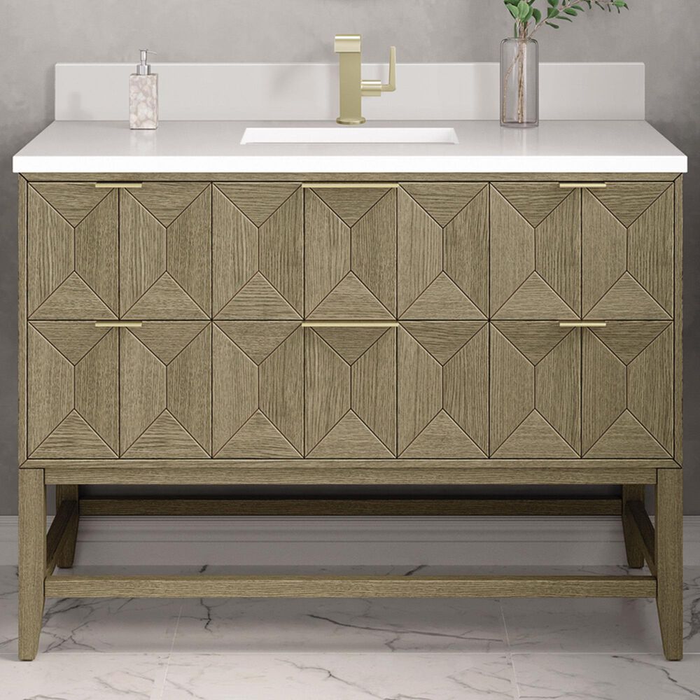 James Martin Vanities Emmeline 48&quot; Single Vanity in Pebble Oak with Single Hole 3 cm White Zeus Quartz Top &amp; Backsplash, , large