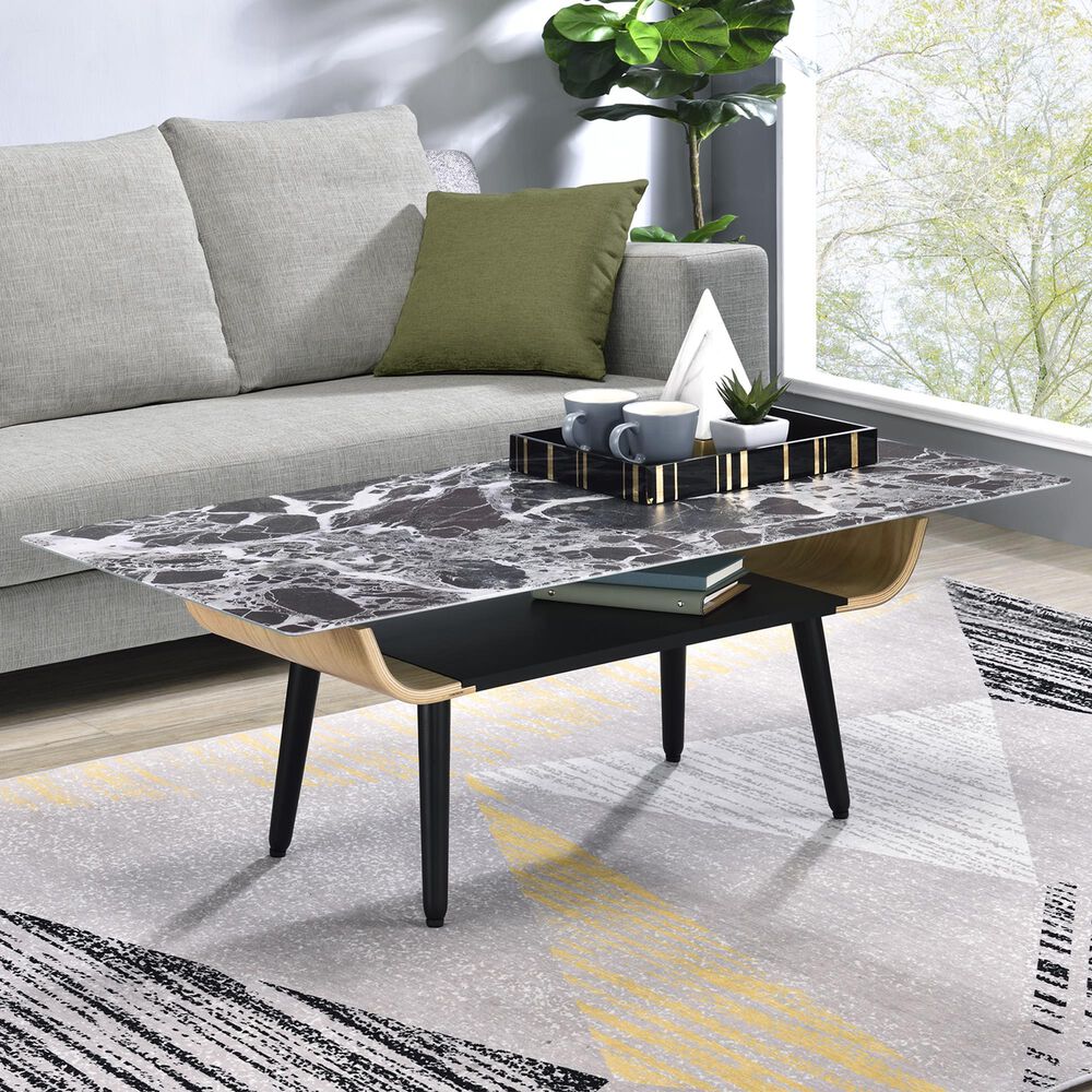 HOMLUX 47" Coffee Table with Marble Glass Top in Black, , large