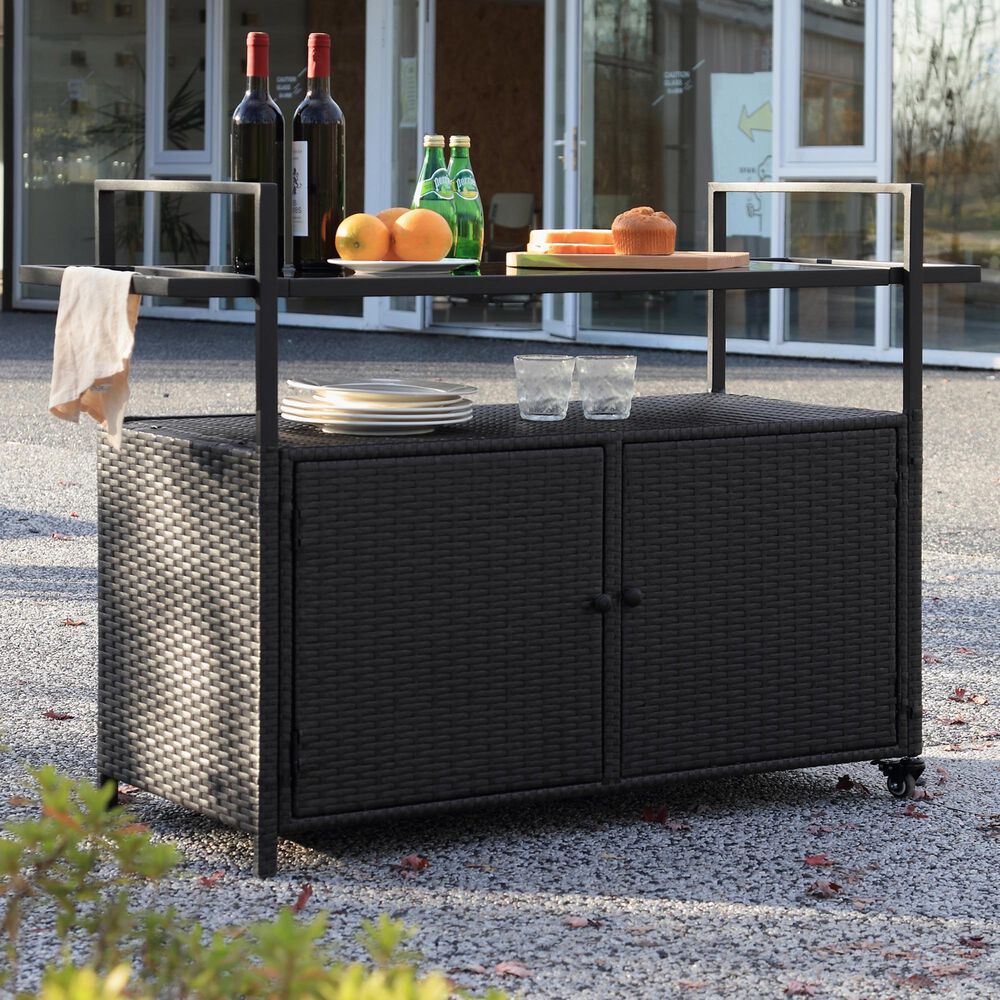 Hearth and Haven Patio Bar Cart with Glass Top and Storage Cabinet in Black, , large