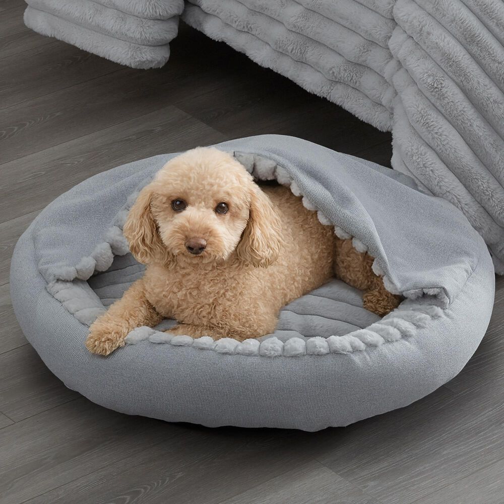 Hallmart Collectibles Hooded Medium Round Cuddler Pet Bed in Gray, , large