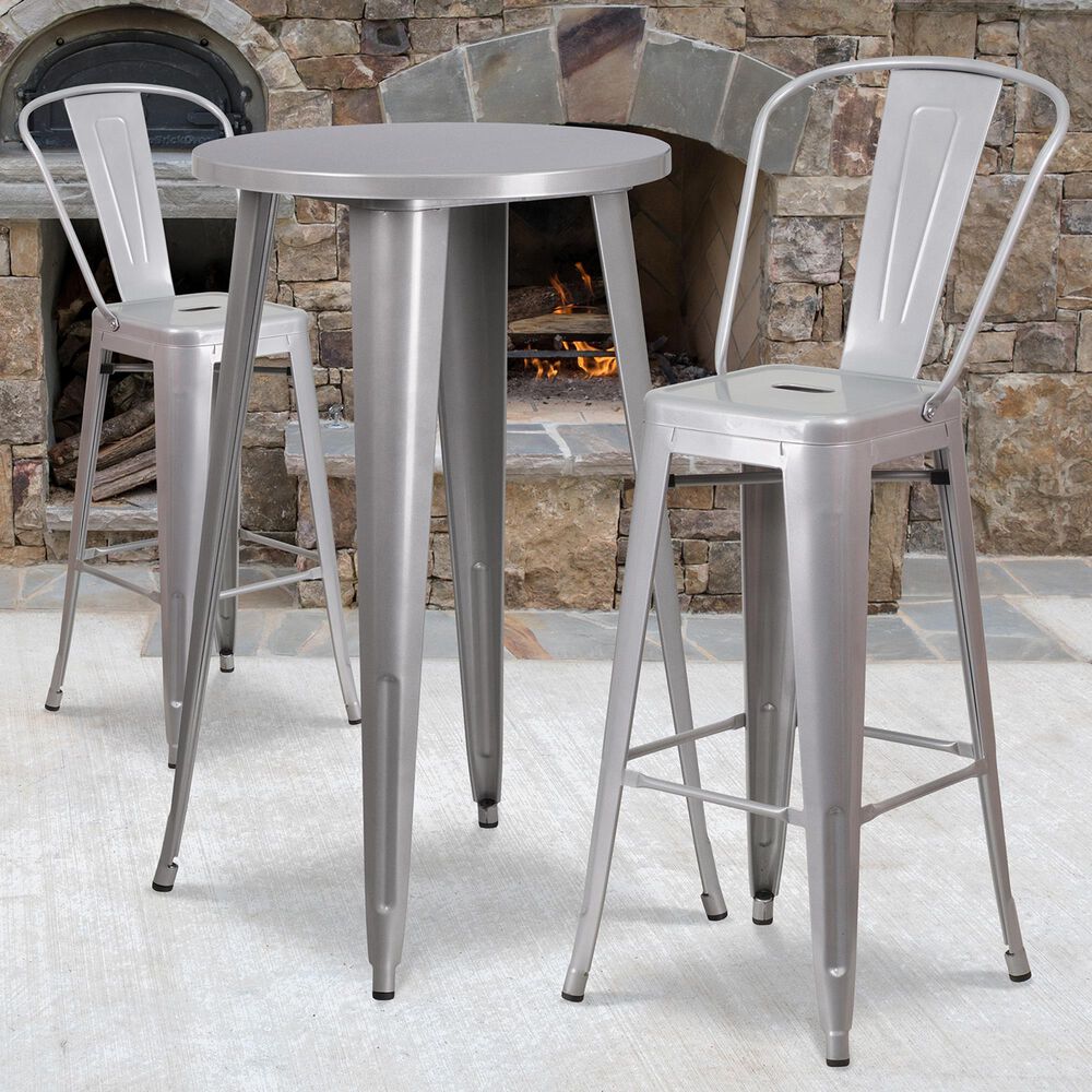 Flash Furniture 3-Piece Metal Round Bar Table Set in Silver, , large