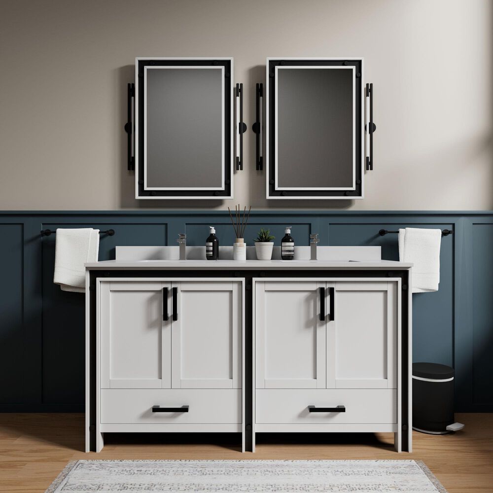 Lexora Home Ziva 60" Double Bathroom Vanity in White with 2 cm White Cultured Marble Top and Rectangular Sinks, , large
