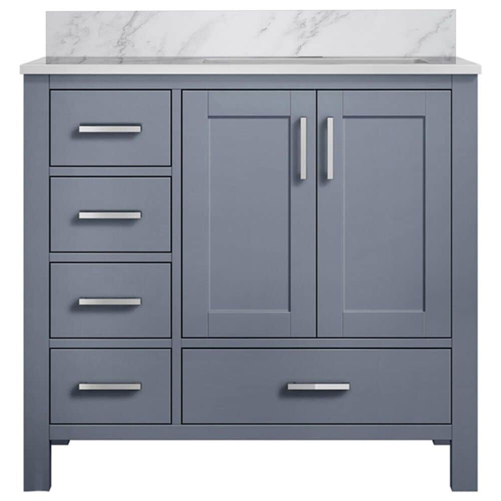 Lexora Home Jacques 36&quot; Right Offset Single Bathroom Vanity in Dark Grey with 2 cm White Carrara Marble Top and Rectangular Sink, , large