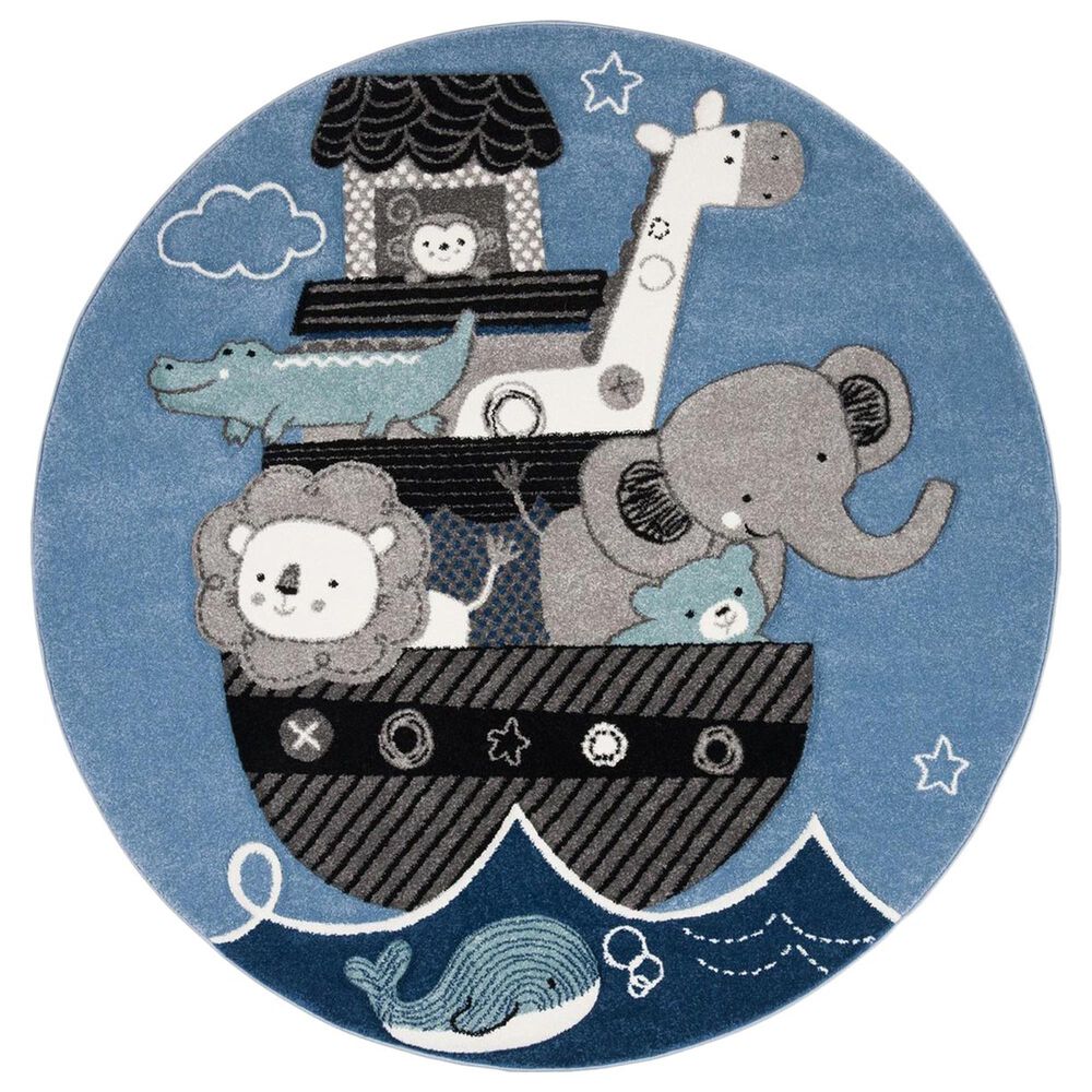 Safavieh Carousel Animals 5"3" Round Blue and Grey Kids Area Rug, , large