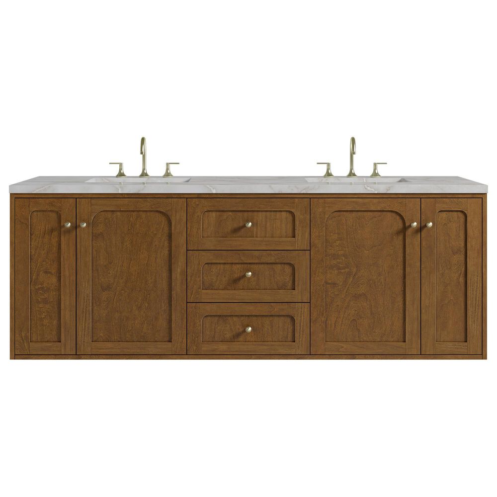 James Martin Laurent 72" Double Bathroom Vanity in Honey Oak with 3 cm Victorian Silver Silestone Top, Rectangular Sinks and FreePower Wireless Charger, , large