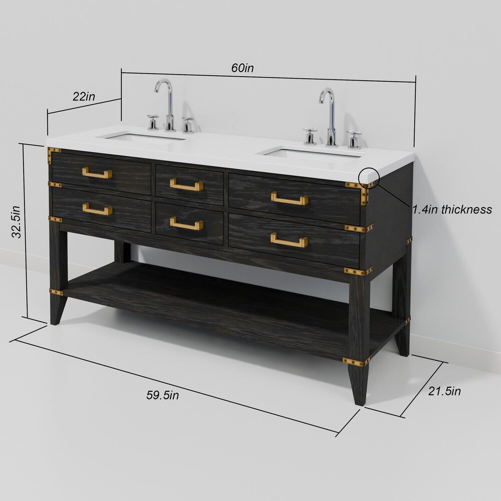 Lexora Home Norwalk 60" Double Bathroom Vanity in Black Oak with White Quartz Top and Rectangular Sinks, , large