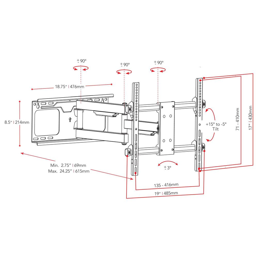 CorLiving 19&quot; x 24&quot; Full-Motion H-Frame TV Wall Mount in Black, , large