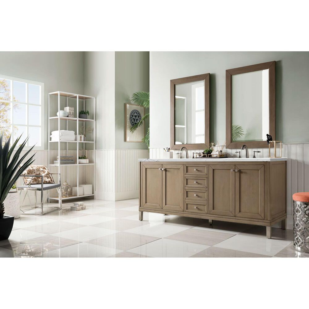 James Martin Vanities Chicago 72&quot; Double Bathroom Vanity in Whitewashed Walnut with 3 cm Ethereal Noctis Quartz Top and Rectangular Sinks, , large