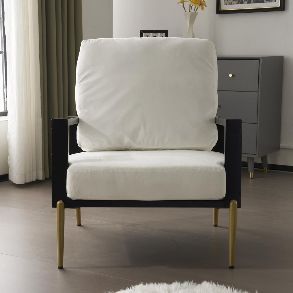 Hearth and Haven Velvet Lounge Arm Chair with Gold Metal Legs in White, , large