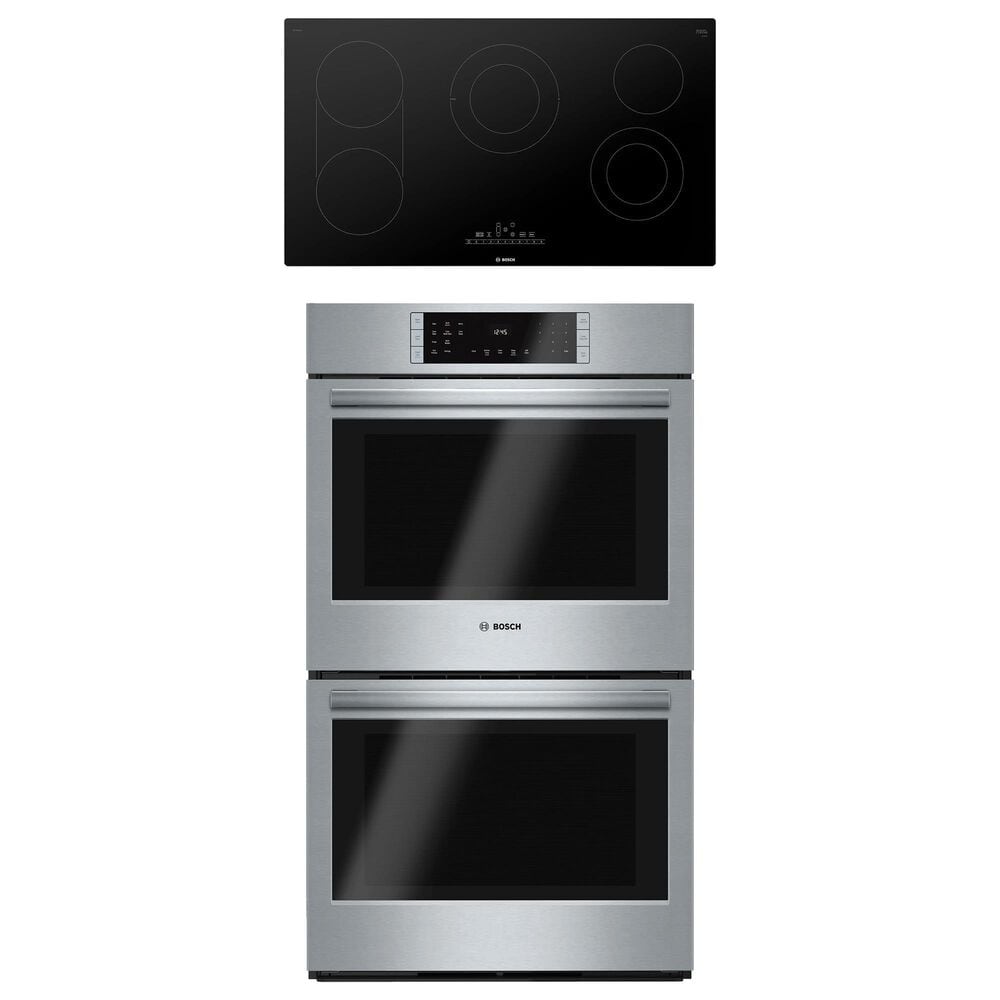 Bosch 800 Series 2-Piece Kitchen Package with Stainless Steel 9.2 Cu. Ft. Double Wall Oven and Black 36" Electric Cooktop, , large