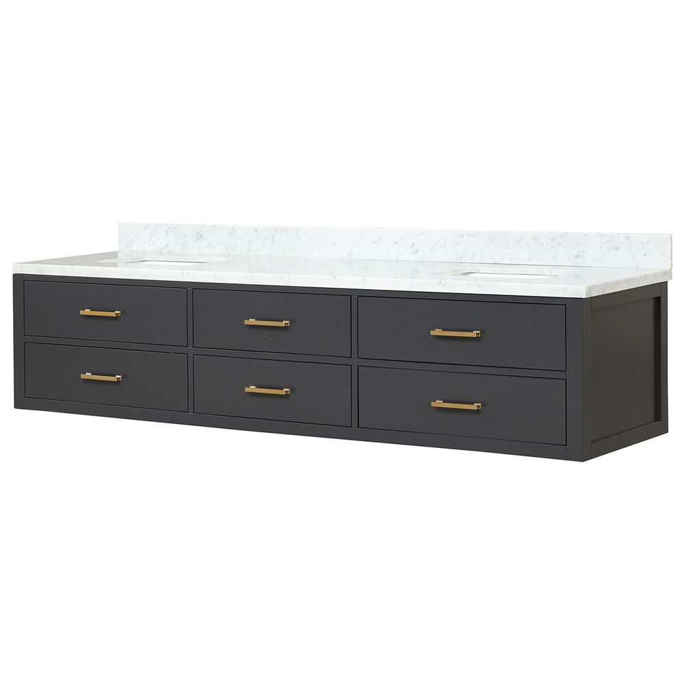 Lexora Home Castor 84" Double Bathroom Vanity in Blue with 2 cm White Carrara Marble Top and Rectangular Sinks, , large