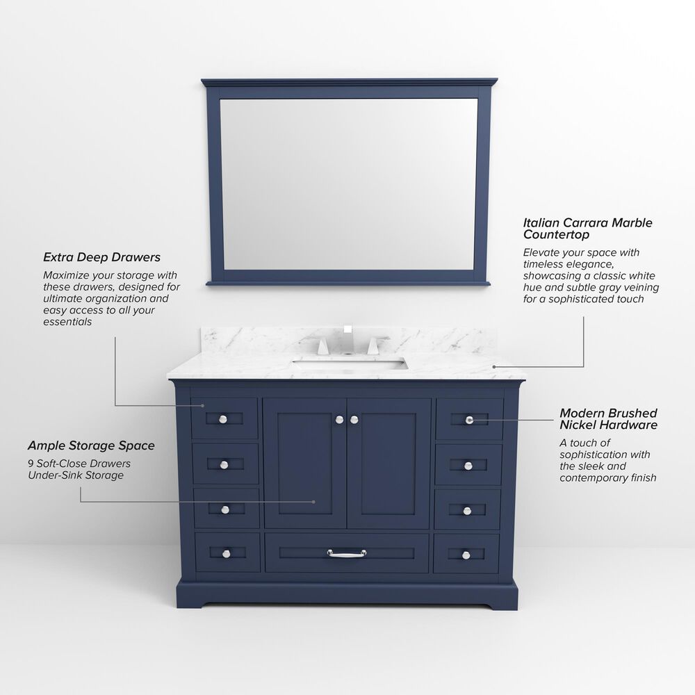 Lexora Home Dukes 48" Single Bathroom Vanity in Navy Blue with 2 cm White Carrara Marble Top and Rectangular Sink, , large