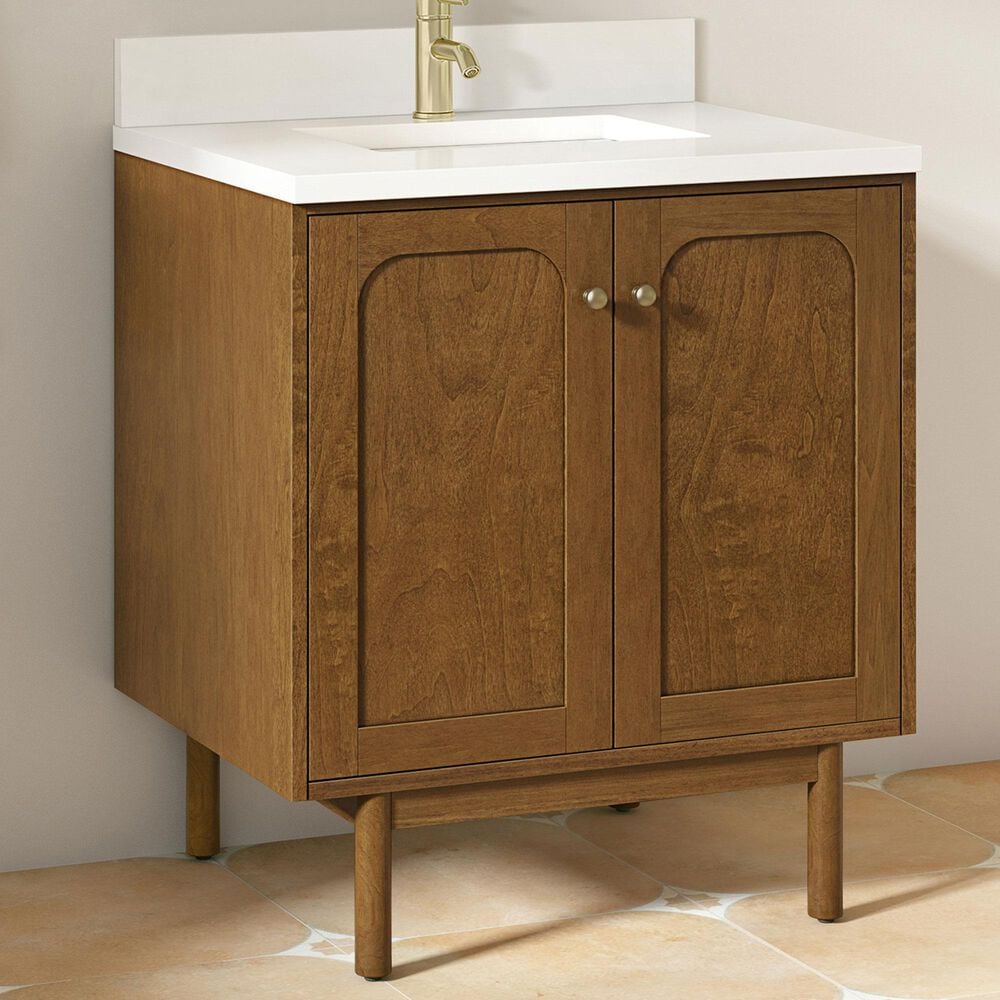 James Martin Laurent 30" Single Bathroom Vanity in Honey Oak with Single Hole 3 cm White Zeus Silestone Top and Rectangular Sink, , large