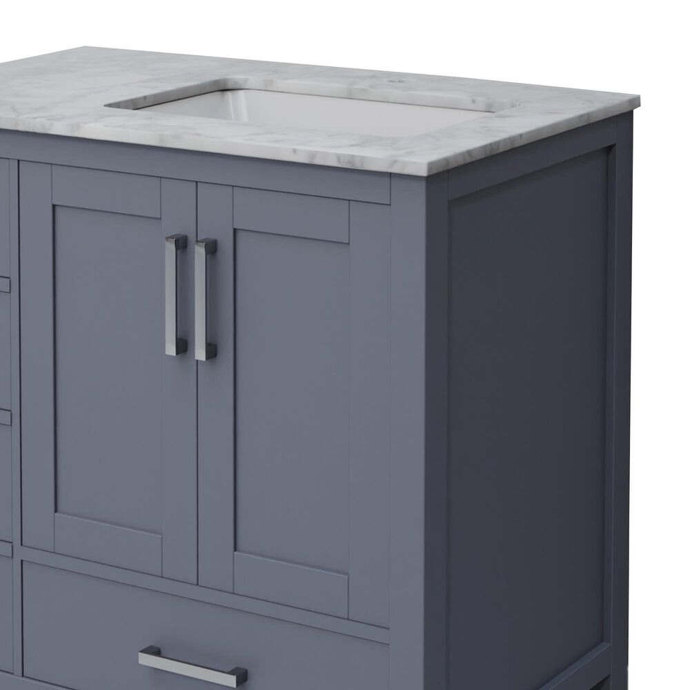 Lexora Home Jacques 36&quot; Right Offset Single Bathroom Vanity in Dark Grey with 2 cm White Carrara Marble Top and Rectangular Sink, , large
