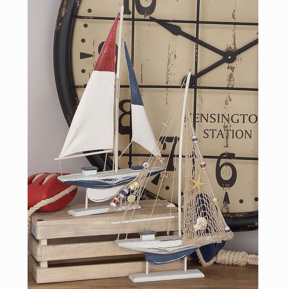 Maple and Jade 22&quot; Coastal Sail Boat Sculpture in Blue and White &#40;Set of 2&#41;, , large