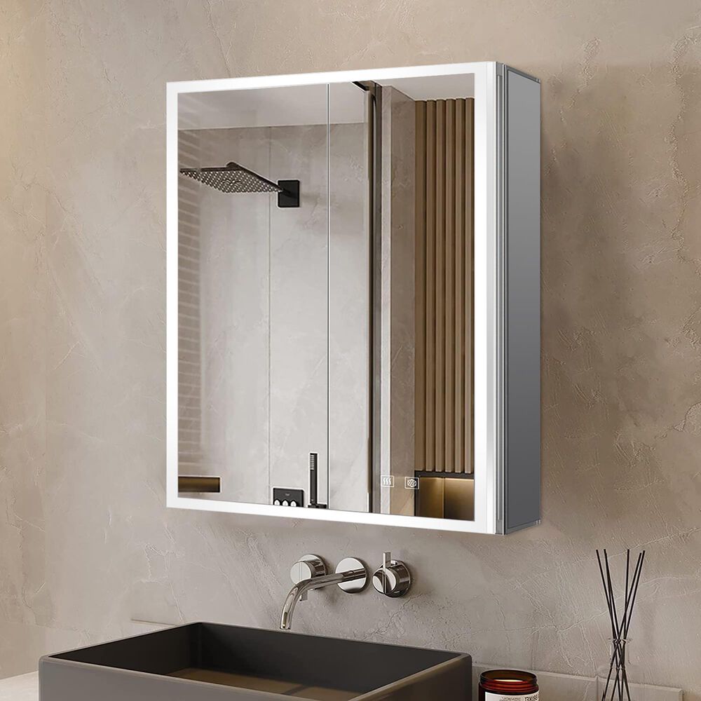 Lexora Home Mesa 24" x 30" LED Mirror Medicine Cabinet with Defogger in Aluminium, , large