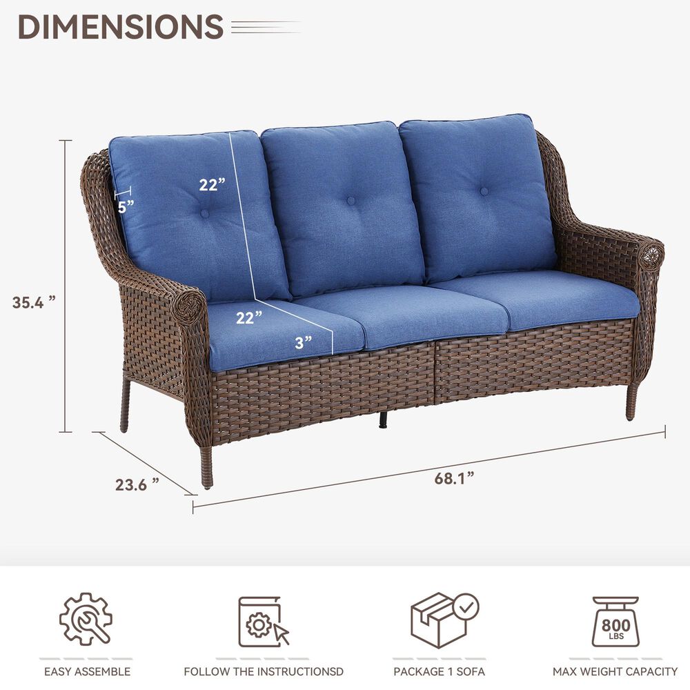 Sunwell Garden 3-Seater Patio Sofa with Floral Armrests in Navy, , large