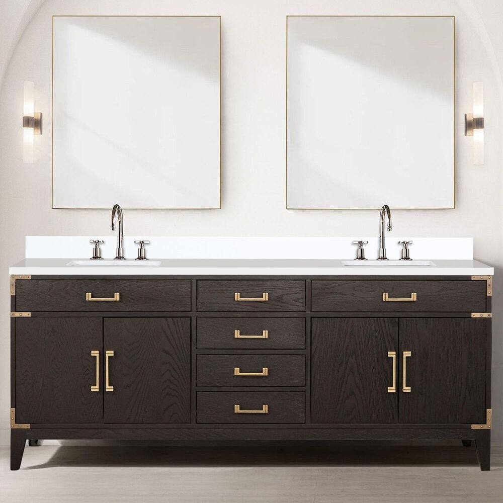 Lexora Home Laurel 80&quot; Double Bathroom Vanity in Brown Oak with White Quartz Top and Rectangular Sinks, , large