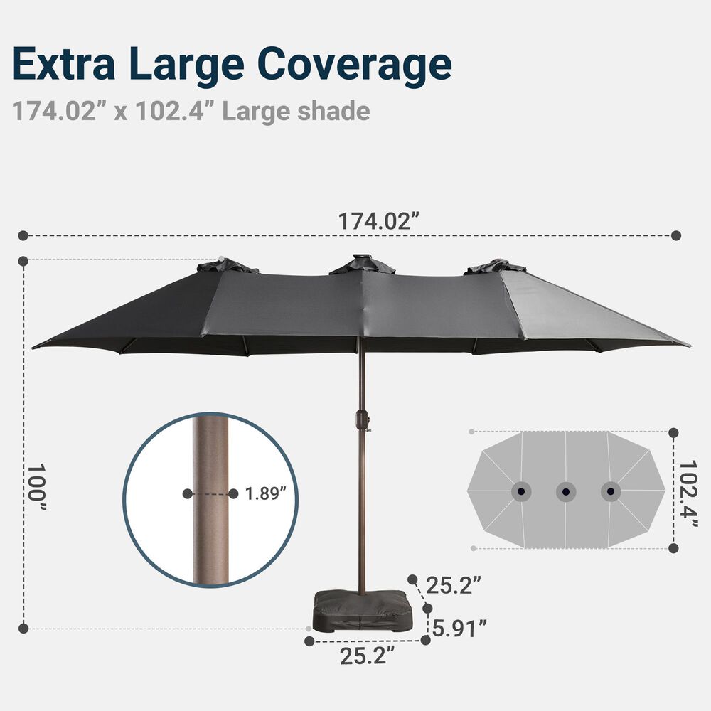 HOMLUX 15' Outdoor Market Umbrella with Sandbags Base and LED Lights in Dark Gray, , large