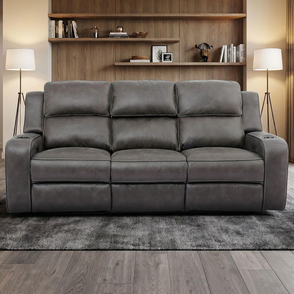 Oxford Furniture Power Reclining Sofa with Power Headrest and Drop Down Table in Cowboy Granite, , large