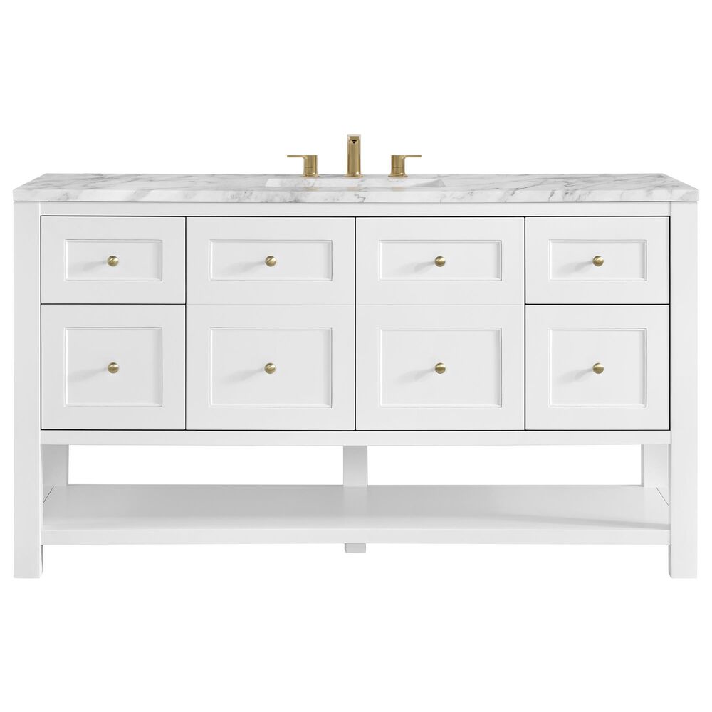 James Martin Vanities Breckenridge 60" Single Bathroom Vanity in Bright White with 3 cm Carrara White Marble Top and Rectangular Sink, , large