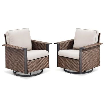 Sunwell Garden Patio Swivel Glider Chair with Brown Frame and Square Armrests in Beige (Set of 2), , large