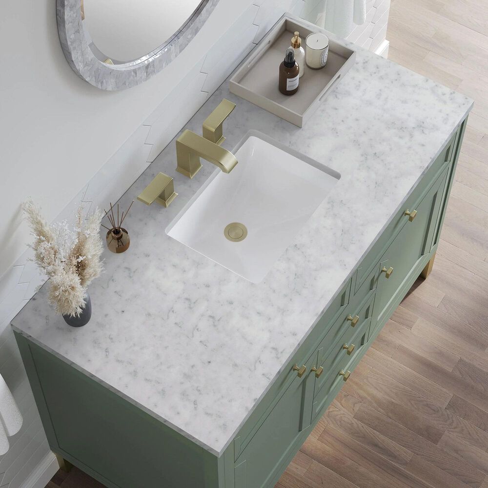 James Martin Vanities Chicago 48&quot; Single Bathroom Vanity in Smokey Celadon with 3 cm Carrara White Marble Top and Rectangular Sink, , large