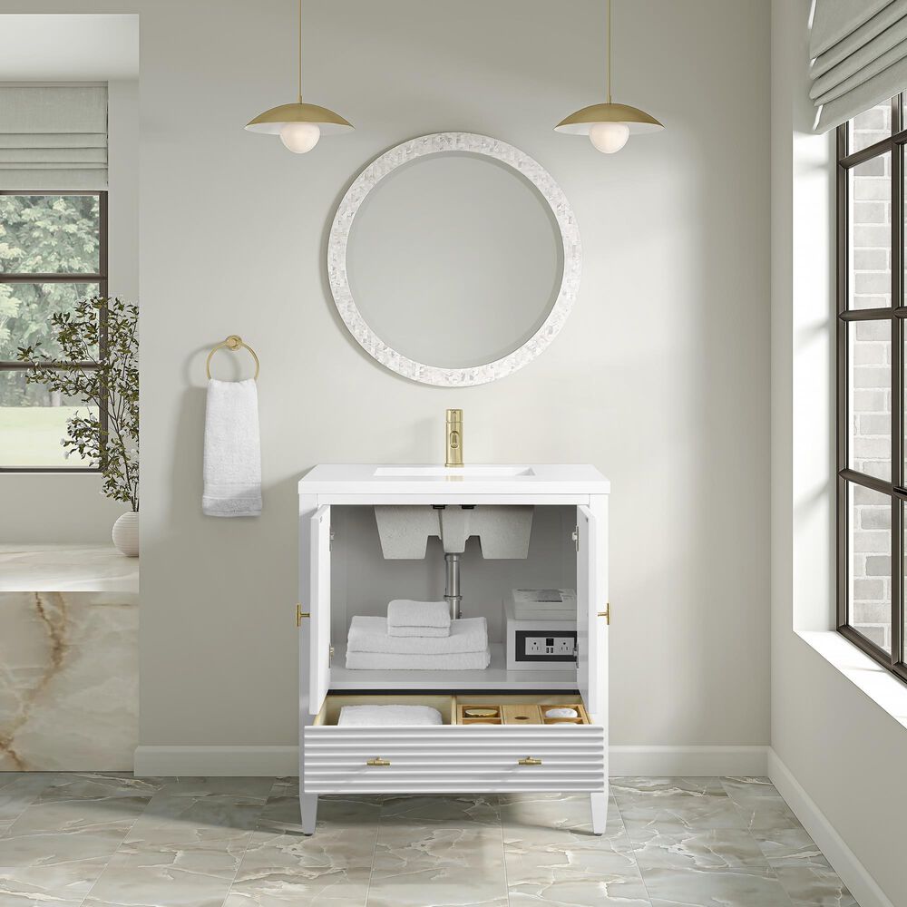 James Martin Myrrin 30" Single Bathroom Vanity in Bright White with Single Hole 3 cm White Zeus Silestone Top and Rectangular Sink, , large