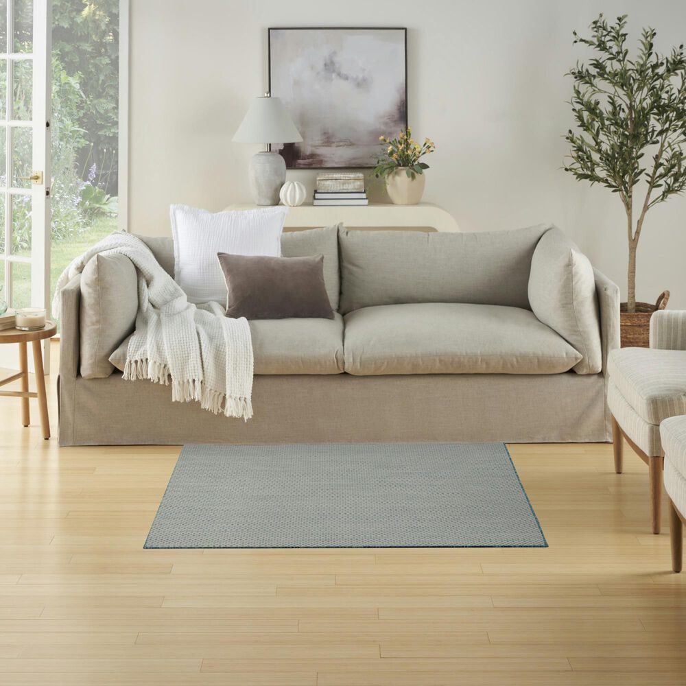 Nourison Courtyard Ivory and Aqua 4&#39; Square Indoor/Outdoor Area Rug, , large