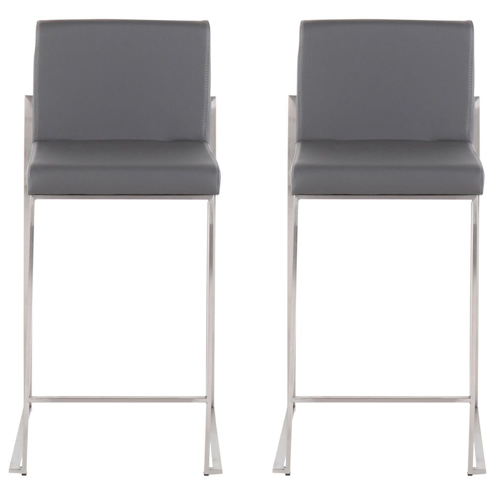 Lumisource Fuji Stackable Counter Stool with Grey Faux Leather Cushion in Brushed Stainless Steel &#40;Set of 2&#41;, , large