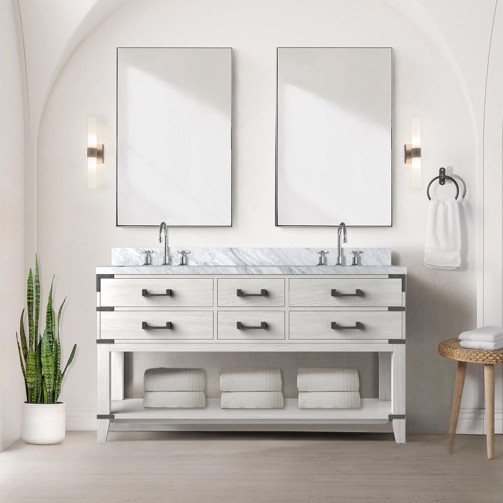 Lexora Home Norwalk 60&quot; Double Bathroom Vanity in White Oak with White Carrara Marble Top  and Rectangle Sink, , large