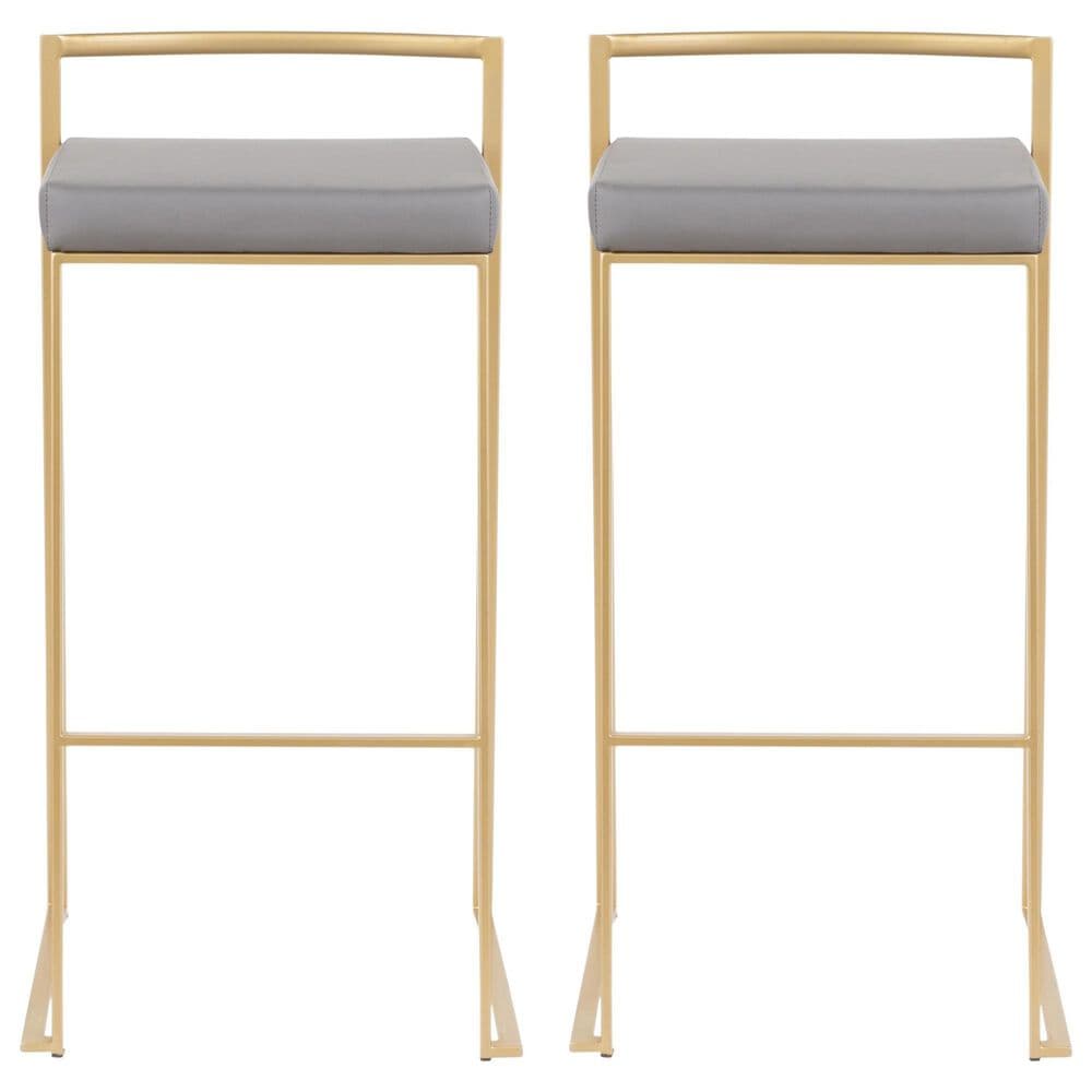 Lumisource Fuji Stackable Barstool with Grey Faux Leather in Gold (Set of 2), , large