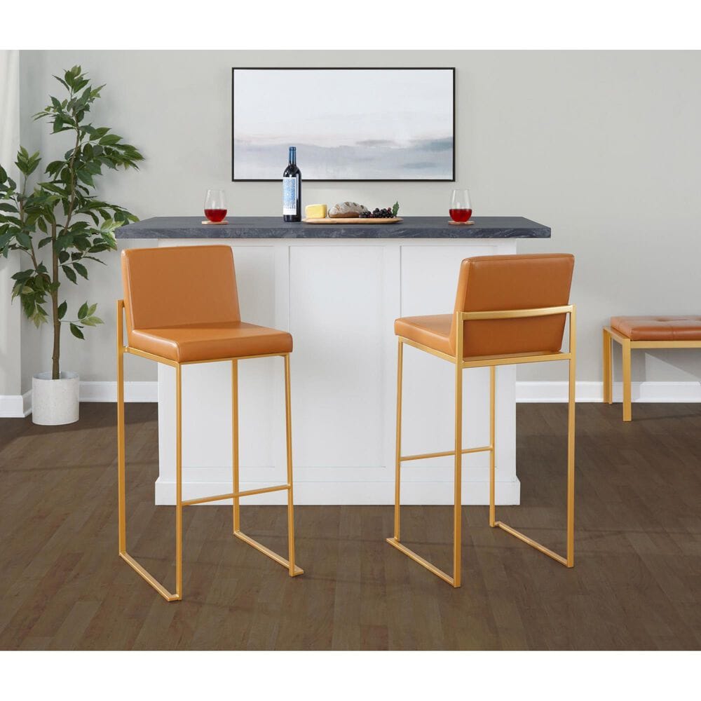 Lumisource Fuji High Back Barstool with Camel Faux Leather in Gold &#40;Set of 2&#41;, , large