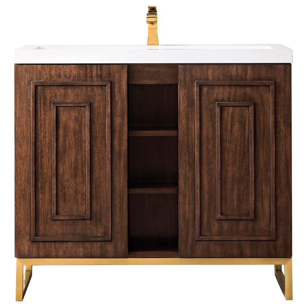 James Martin Vanities Alicante 39.5" Single Bathroom Vanity in Mid Century Acacia and Radiant Gold with 5 cm White Glossy Resin Top and Rectangular Sink, , large