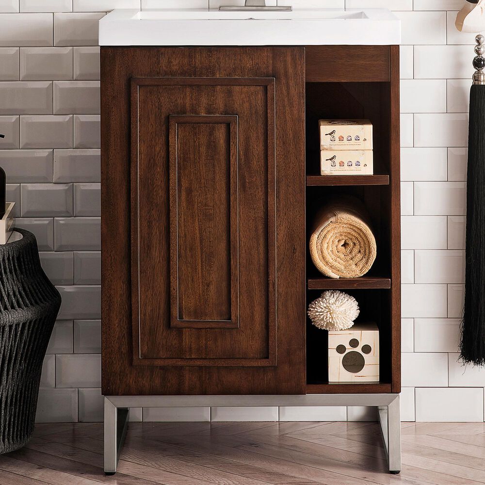 James Martin Vanities Alicante 24&quot; Single Bathroom Vanity in Mid Century Acacia and Brushed Nickel with 5 cm White Glossy Resin Top and Rectangular Sink, , large